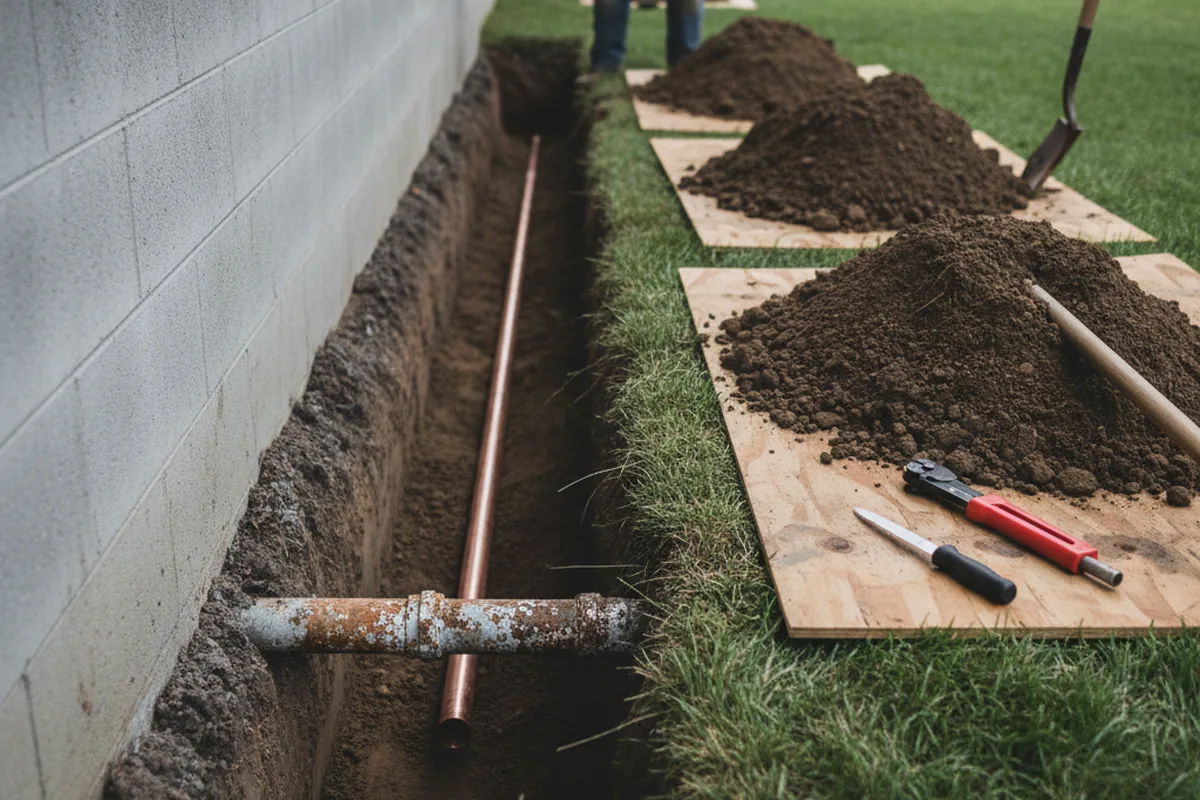 Excavated water line trench during Water Softener Installation in Zion Grove